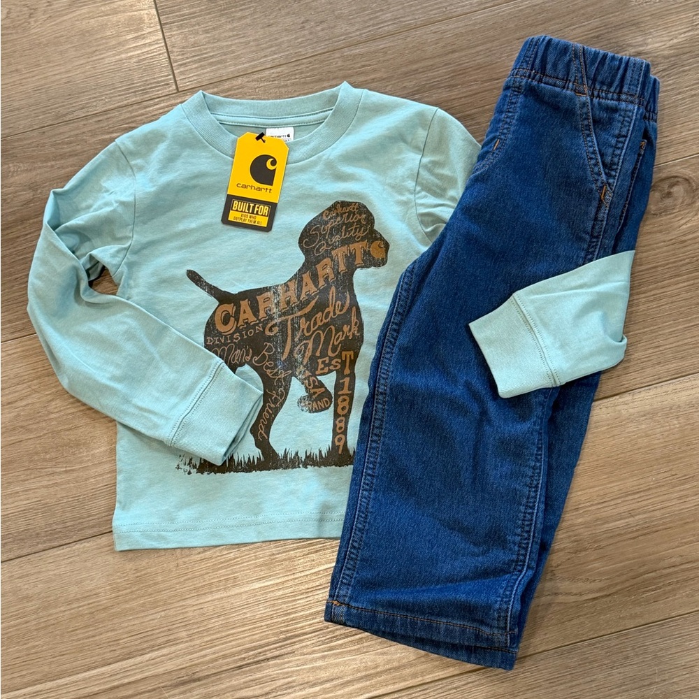 Carhartt Boys Blue Dog Long Sleeve Tee & Jeans Set, Sizes 2T, 3T, 4T